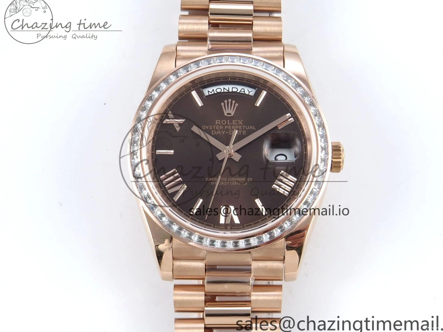 MiroTime 0521 Lightweight DayDate 40 RG QF 1:1 Best Edition Brown Roman Dial Diamonds Bezel on President Bracelet A2836 V5 (Gain Weight) 475